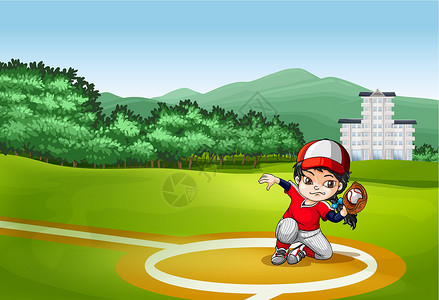 垒球投手垒球团队力量竞赛棒球游戏风景草地女孩卡通片运动员插画