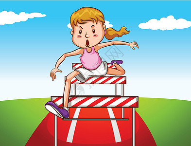 障碍训练场女孩在 trac 上跨栏障碍绘画孩子飞跃剪贴赛车场景竞争场地孩子们插画