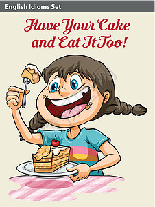女性吃甜点吃蛋糕的女孩女性成语艺术品红色英语字体海报甜点菜单艺术插画