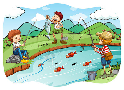 渔业闲暇钓鱼绘画风景卡通片乐趣河岸白色孩子们男生背景图片