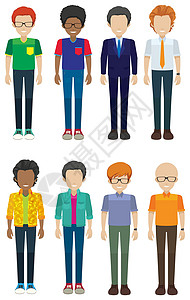 win8风格八个无脸男微笑插图发型牛仔裤男性裤子人群白色夹克眼镜单身汉设计图片