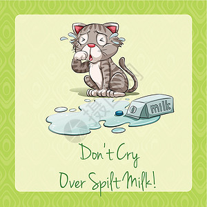 牛奶猫猫在打翻的米旁边哭泣设计图片