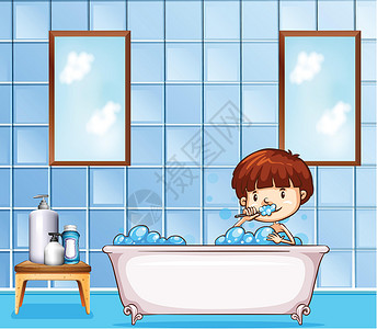洗手间凳子梳洗卡片浴缸卡通片洗涤淋浴剪贴画蓝色瓷砖背景图片