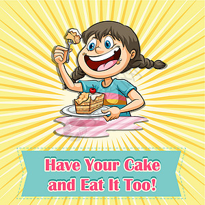 女孩吃蛋糕甜点字母享受夹子乐趣插图喜剧艺术字体语言背景图片
