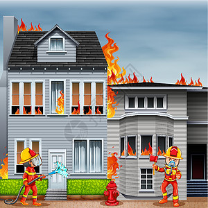 家火房屋冷杉现场的消防员破坏男人场景大厦服务火焰安全消防队员情况设计图片