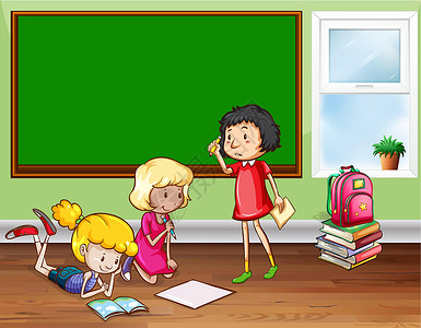 儿 童思维孩子们女孩们卡通片家庭作业房间铅笔墙纸图书绿板背景图片