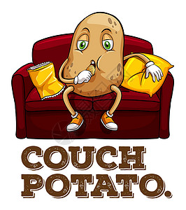 红色皮土豆土豆坐在沙发上海报红色白色筹码插图夹子黄色卡片卡通片艺术设计图片