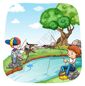 鱼嘴湿地公园渔业孩子乐趣运动场景卡通片公园风景钓鱼溪流男孩们插画