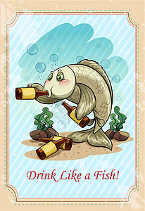 醉鱼饮酒珊瑚字母写作酒精气泡英语石头树叶卡通片瓶子背景图片