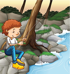 石头鱼渔业细绳绘画溪流卡通片衬套岩石娱乐乐趣树木瀑布设计图片