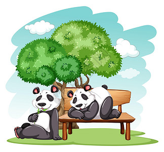 抽像场景大熊猫在标准杆天空蓝色鼻子哺乳动物食肉绿色植物椅子犬形头发身体插画