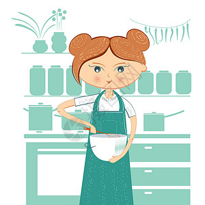 面粉搅拌厨房里的女人正在做饭午餐面团围裙烹饪女士微笑姿势美食胡椒馅饼设计图片