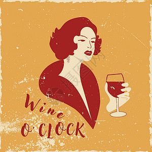 拿着酒杯的手拿着一杯红酒的复古女人女士酒精风格酒杯女性时间女孩卡通片海报魅力插画
