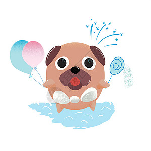 可爱哈巴狗卡通搞笑快乐狗与气球和糖果插画