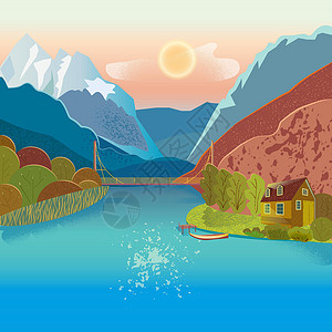 山脉图山地景观与山脉到地平线山湖和山中湖边的房子 山中的日落或日出 矢量纹理图插画