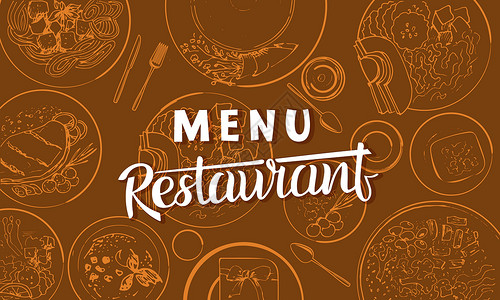 餐馆的菜单模板标签插图厨师饮食餐厅涂鸦水平草图美食小册子背景图片