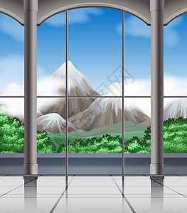 窗玻璃山景房插画