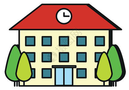 有红色屋顶的大大厦卡通片艺术绘画教育树木建筑时间幼儿园中学手表背景图片