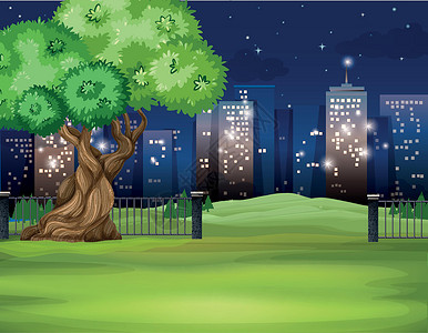镇夜景城市夜景插图夹子绘画市中心环境地标公园风景栅栏艺术插画