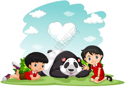 扮演熊猫的男孩坐在潘德身边的亚洲男孩和女孩插画