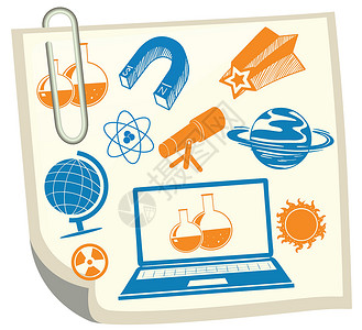 地球化学白皮书上的科学符号笔记本卡通片电脑教育草图星星生物学夹子技术白色插画