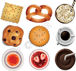 饼干桂皮咖啡饼干和不同的饮料插画