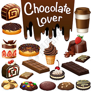 蛋糕茶点不同种类的甜点巧克力味糖果奶制品插图绘画饮料奶油夹子小吃蛋糕冰淇淋插画
