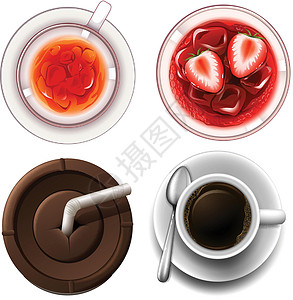 茶和咖啡热饮和冷饮的顶视图插画