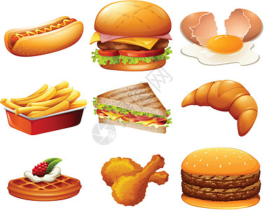 汉堡炸鸡不同种类的快餐汉堡芝士热狗夹子羊角卡通片绘画艺术美食薯条插画