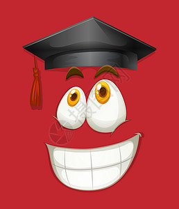 红色毕业帽子快乐的脸与毕业 ca教育帽子手势情感红色微笑绘画表情卡通片牙齿设计图片