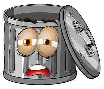 垃圾箱表情垃圾桶与悲伤的脸插画