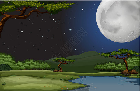 满月剪贴画满月夜的自然场景插画