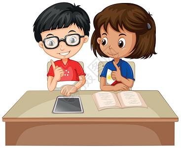 女孩和书男孩和女孩一起工作家庭作业童年插图朋友们卡通片夹子学习微笑青年教育设计图片