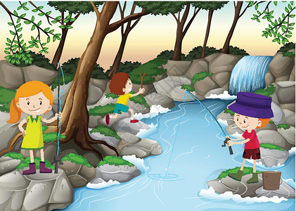 孩子们在河里钓鱼高清图片