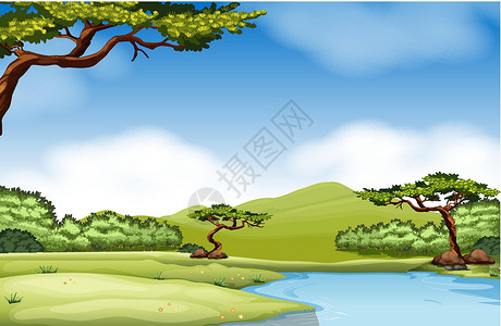 公园河岸河流和田野的自然场景卡通片公园环境天空丘陵绘画花园树木插图绿色插画