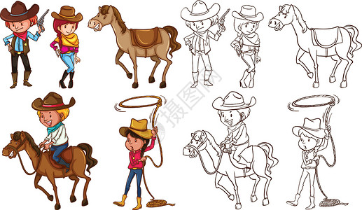 马林岬角牛仔和马在颜色和林插画