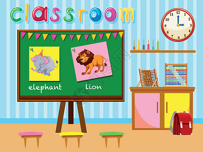 有板和椅子的幼儿园教室木板学校海报算盘夹子学生房间书包插图教育背景图片