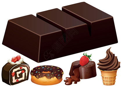 巧克力奶油卷不同种类的巧克力甜点面包小吃团体夹子收藏卡通片艺术绘画奶油熔岩插画