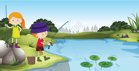 钓鱼女孩男孩和女孩在河边钓鱼夹子爱好溪流风景男生插图童年绘画卡通片学生插画