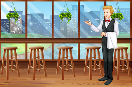 酒吧服务员在餐厅工作的服务员插画