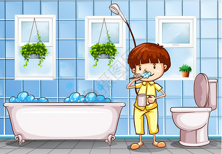 上洗手间男孩男孩在浴室刷牙打扫童年浴缸房间活动青年房子艺术洗手间家庭插画