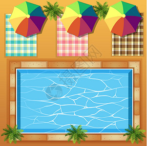 游泳池的顶部视图绘画海滩池塘风景床垫插图天线夹子操作树木背景图片