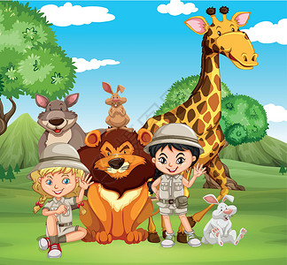 荒野公园儿童与野生动物同台插画