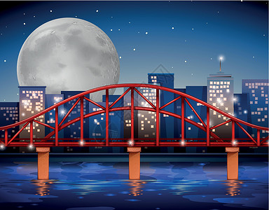满月剪贴画河上有桥的城市场景插画