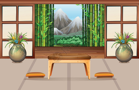 竹子家具日式风格的客厅家具窗户艺术卡通片床垫地面座位地毯绘画夹子插画