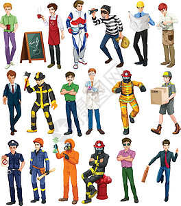 从事不同职业的人男性消防队员小偷插图服务员刑事成人建筑工人夹子小路插画