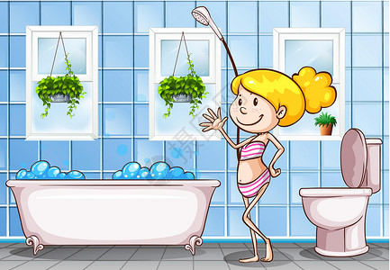 浴女站在浴室里的女孩插画