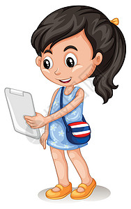 电脑外国人拿着平板电脑的小女孩学习瞳孔微笑童年工具女孩外国人互联网插图绘画插画