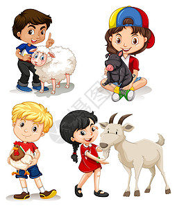 羊致清和有农场动物的男孩和女孩瞳孔生物卡通片小路插图热带情调山羊艺术男生插画