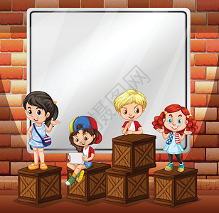 魔术师盒子边框与儿童和 boxe 的边框设计插画